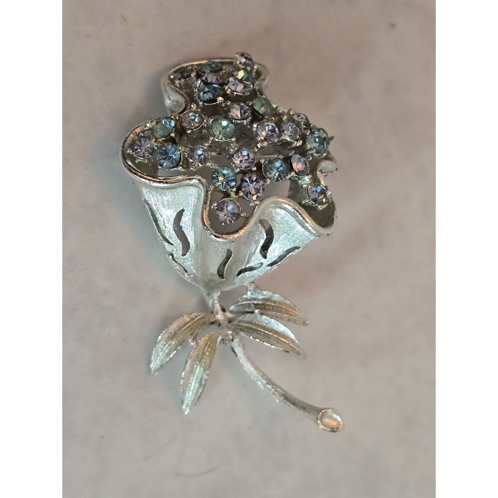 Silver Tone Blue Rhinestone Flower Brooch Missing Stone READ #774